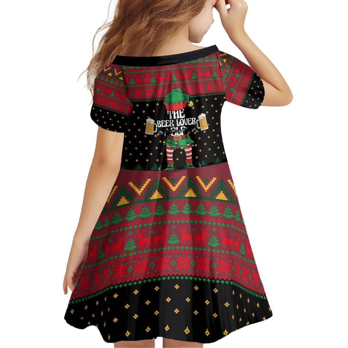The Beer Lover Elf Christmas Kid Short Sleeve Dress Xmas Holiday Patterns - Wonder Print Shop