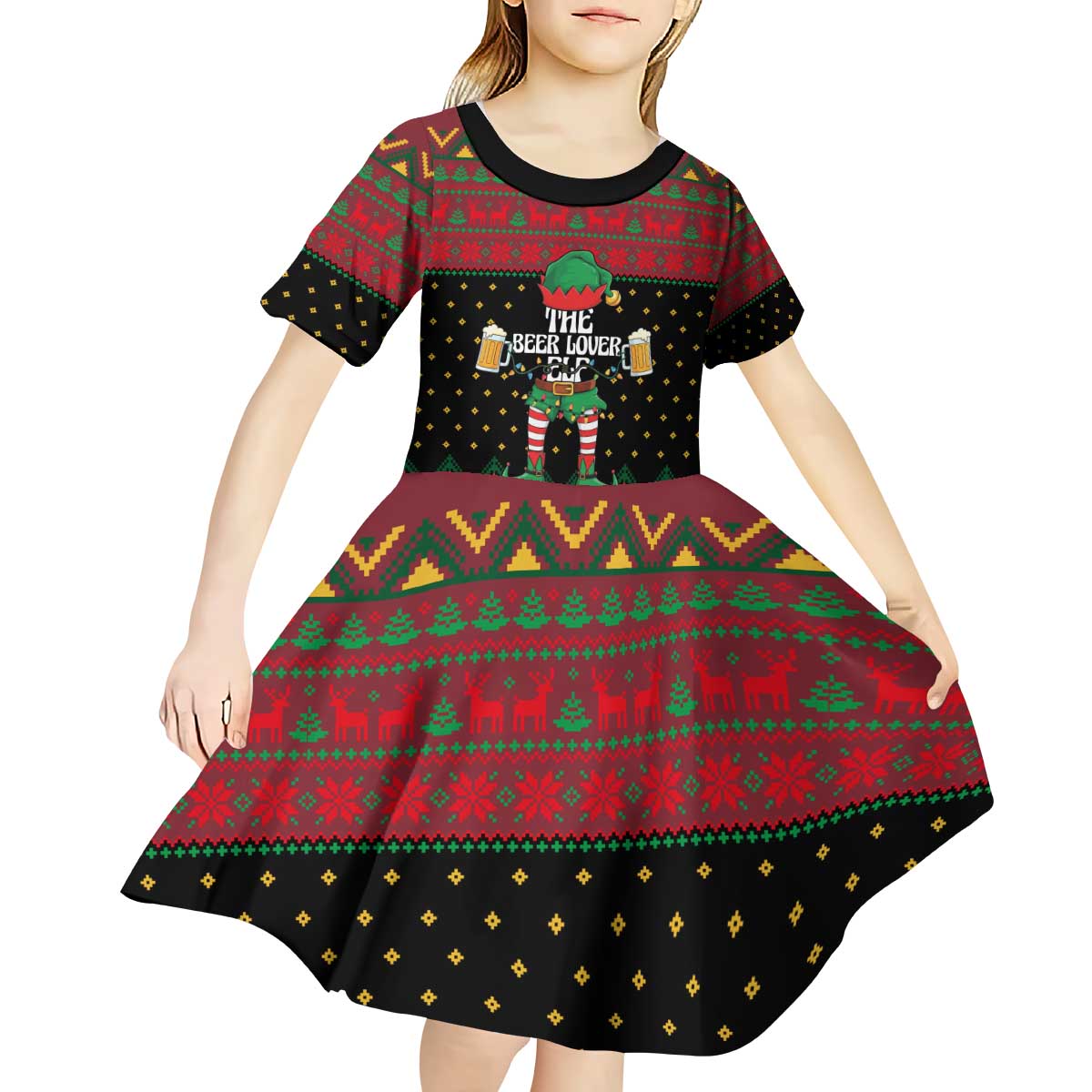 The Beer Lover Elf Christmas Kid Short Sleeve Dress Xmas Holiday Patterns - Wonder Print Shop