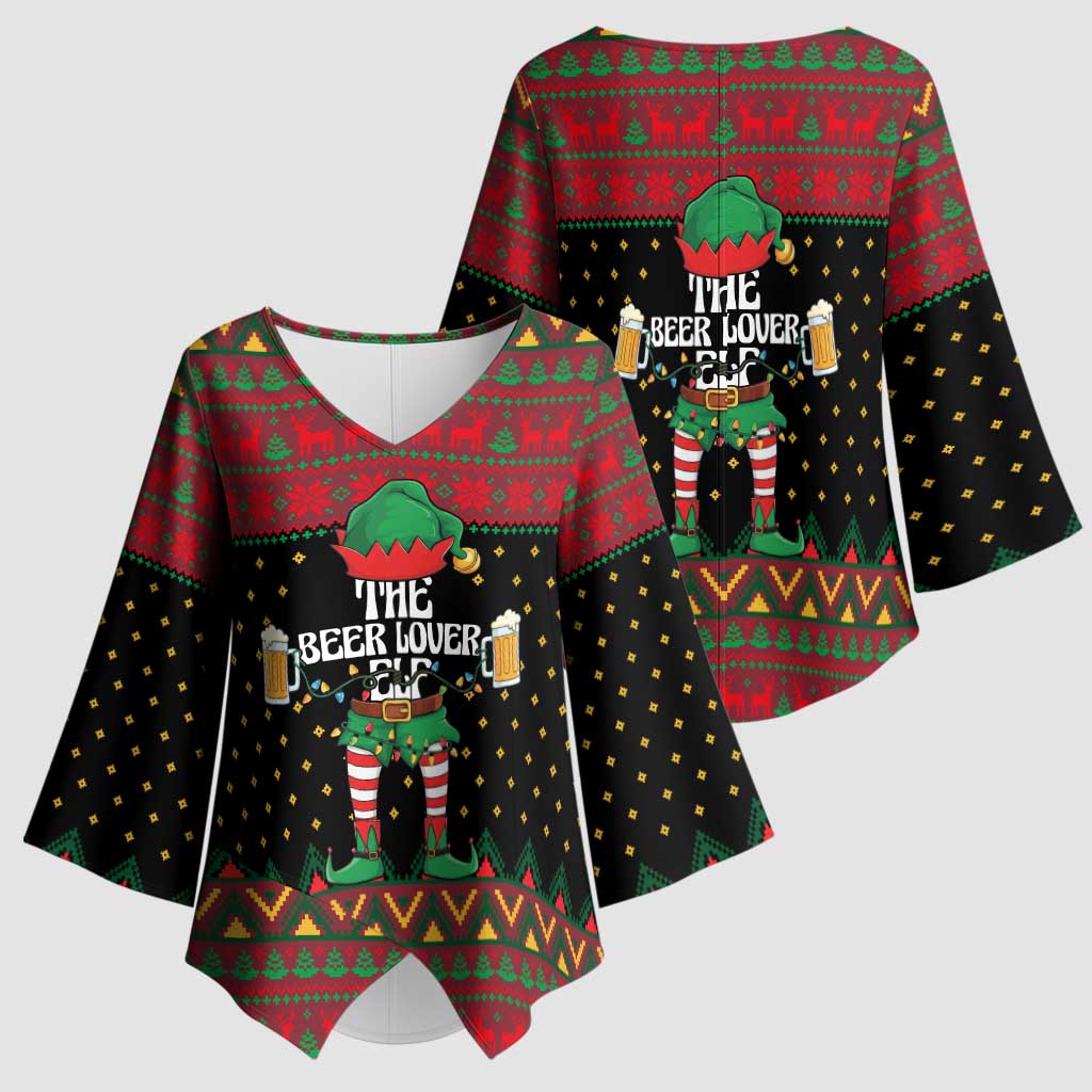 The Beer Lover Elf Christmas Kimono Sleeve Blouse Xmas Holiday Patterns - Wonder Print Shop