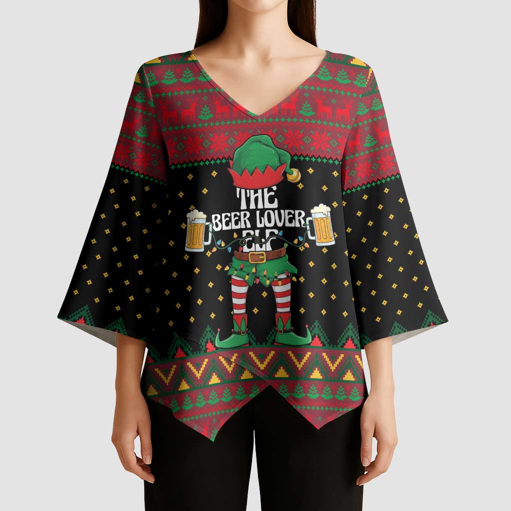 The Beer Lover Elf Christmas Kimono Sleeve Blouse Xmas Holiday Patterns - Wonder Print Shop