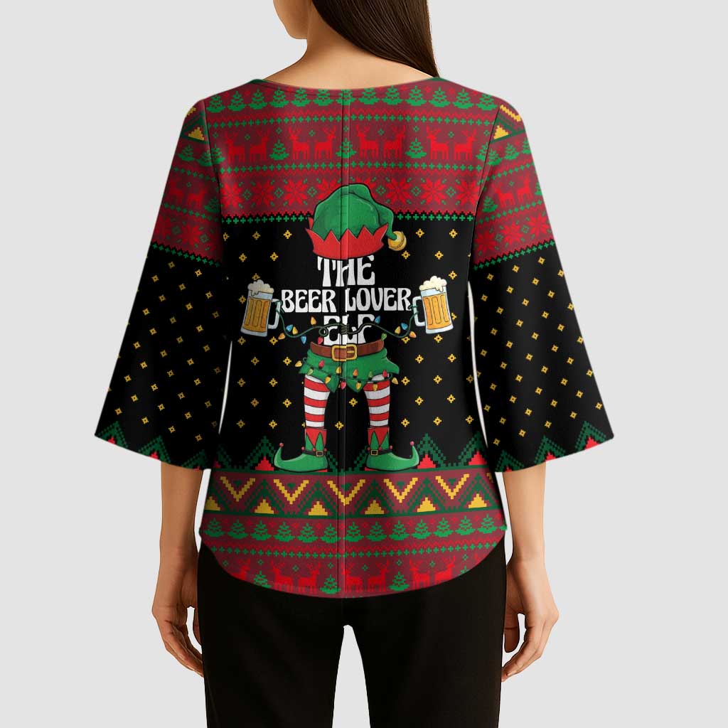 The Beer Lover Elf Christmas Kimono Sleeve Blouse Xmas Holiday Patterns - Wonder Print Shop
