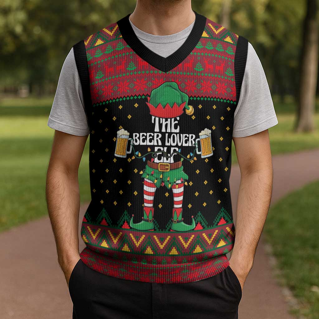 The Beer Lover Elf Christmas Knitted V-Neck Vest Xmas Holiday Patterns - Wonder Print Shop
