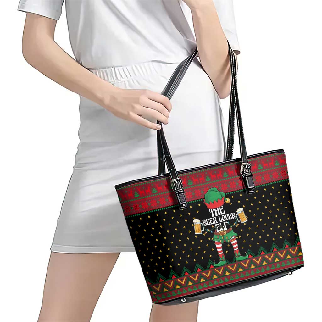 The Beer Lover Elf Christmas Leather Tote Bag Xmas Holiday Patterns - Wonder Print Shop