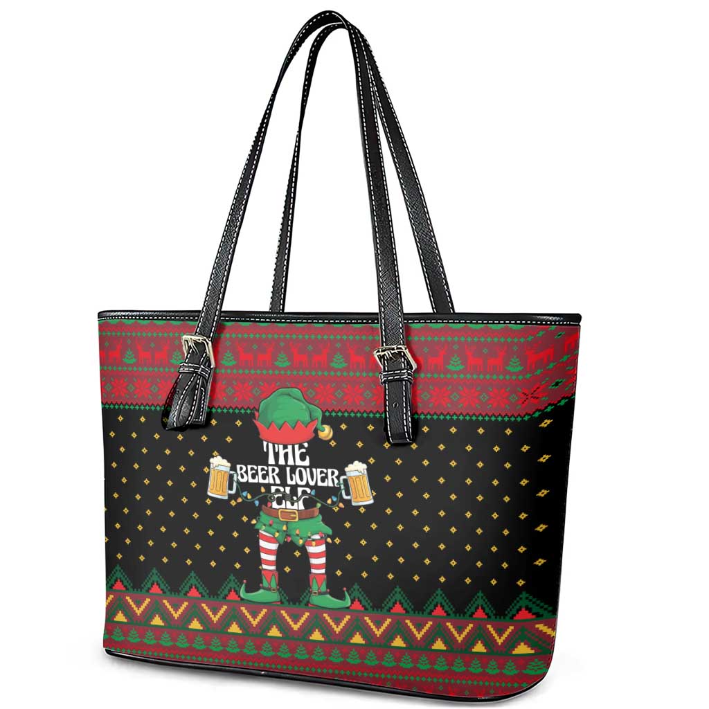 The Beer Lover Elf Christmas Leather Tote Bag Xmas Holiday Patterns - Wonder Print Shop