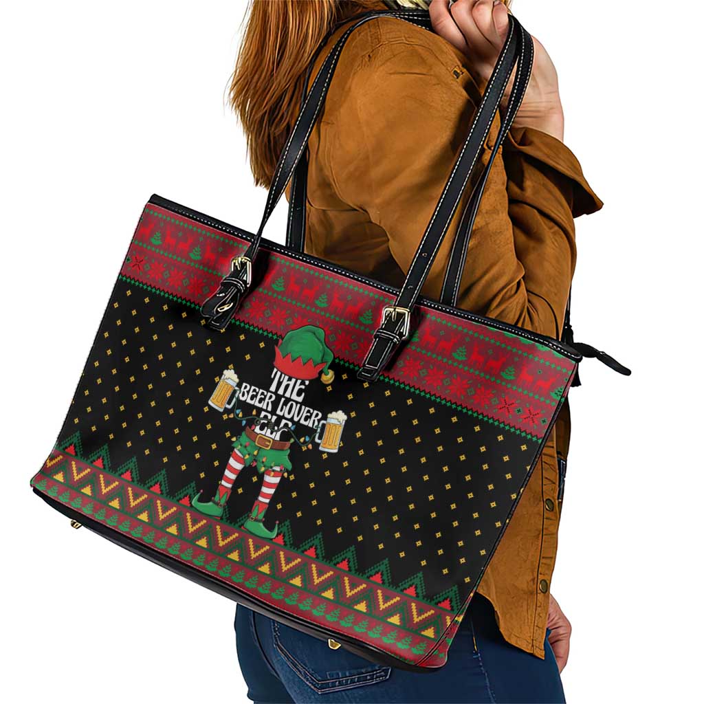 The Beer Lover Elf Christmas Leather Tote Bag Xmas Holiday Patterns - Wonder Print Shop