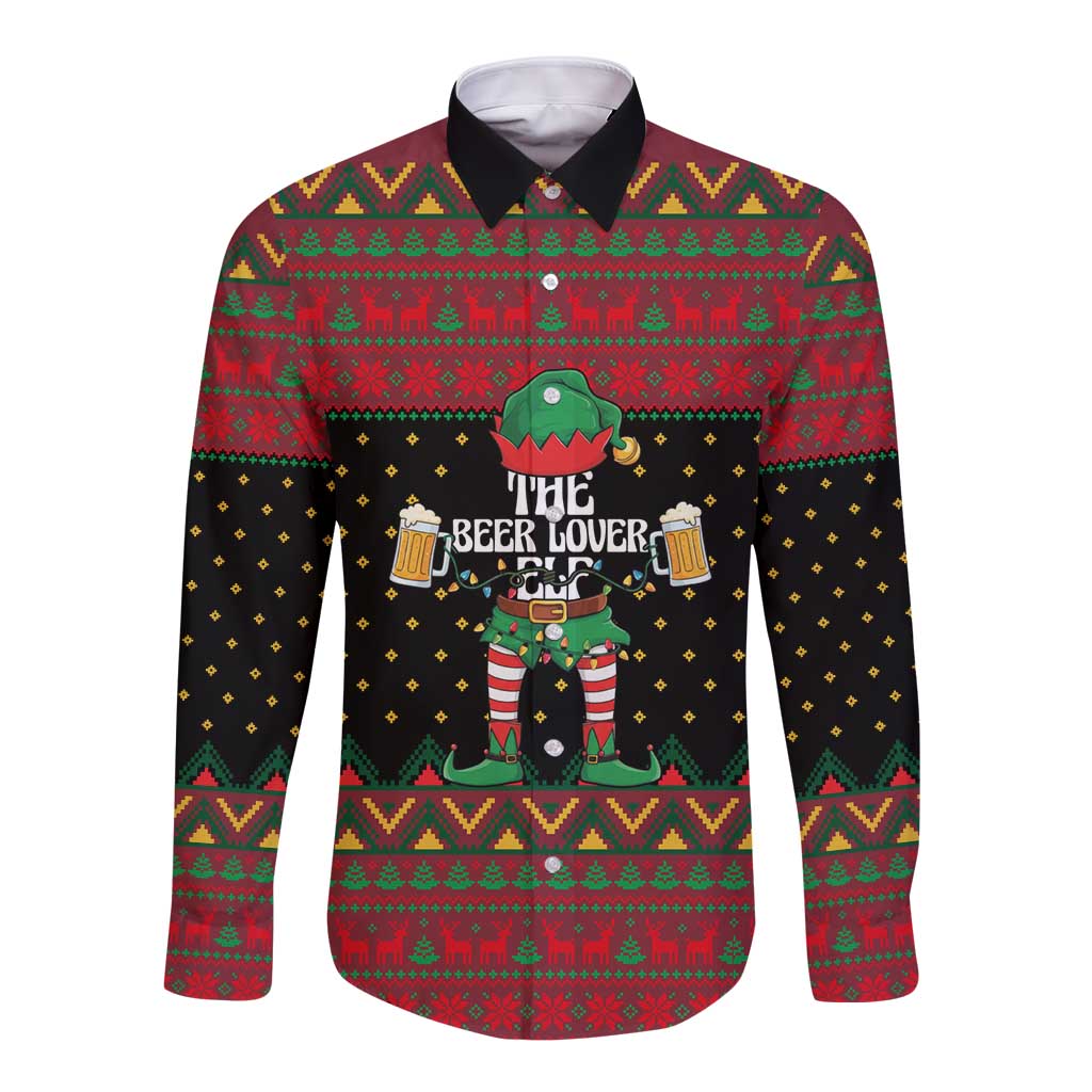 The Beer Lover Elf Christmas Long Sleeve Button Shirt Xmas Holiday Patterns - Wonder Print Shop
