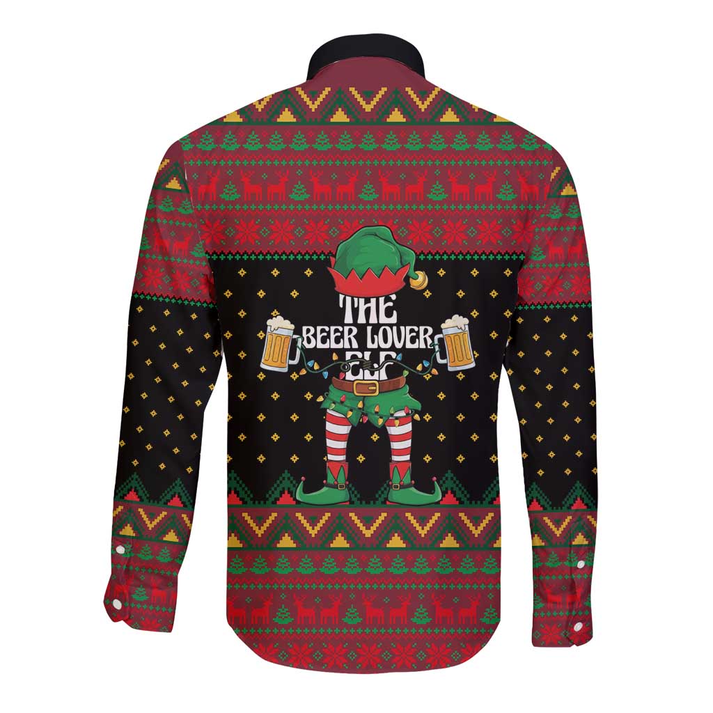 The Beer Lover Elf Christmas Long Sleeve Button Shirt Xmas Holiday Patterns - Wonder Print Shop