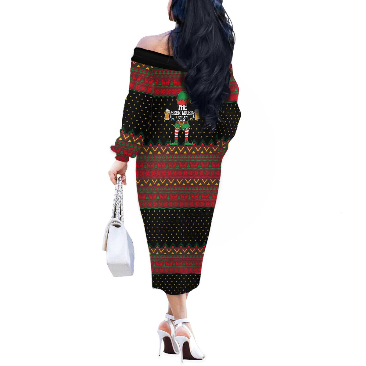 The Beer Lover Elf Christmas Off The Shoulder Long Sleeve Dress Xmas Holiday Patterns - Wonder Print Shop