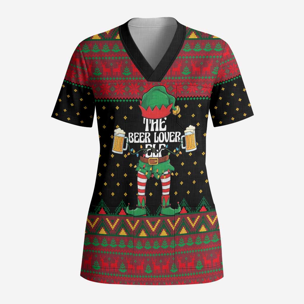 The Beer Lover Elf Christmas Scrub Top Xmas Holiday Patterns - Wonder Print Shop