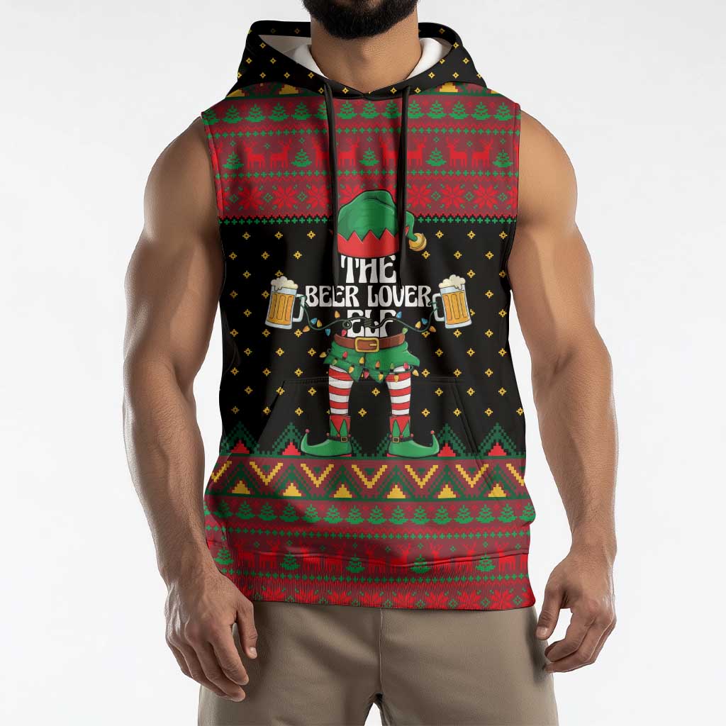 The Beer Lover Elf Christmas Sleeveless Hoodie Xmas Holiday Patterns - Wonder Print Shop
