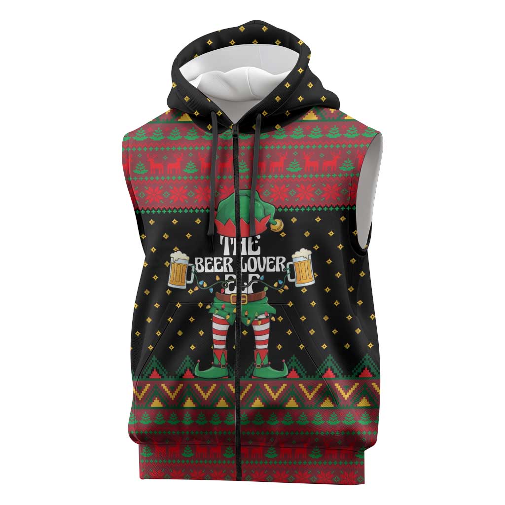 The Beer Lover Elf Christmas Sleeveless Zip Hoodie Xmas Holiday Patterns - Wonder Print Shop