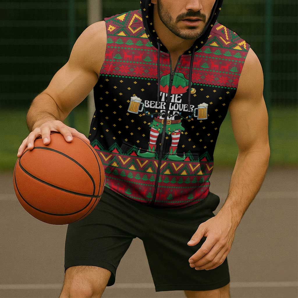 The Beer Lover Elf Christmas Sleeveless Zip Hoodie Xmas Holiday Patterns - Wonder Print Shop