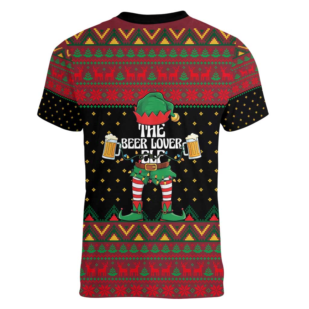 The Beer Lover Elf Christmas Women V-Neck T-Shirt Xmas Holiday Patterns - Wonder Print Shop
