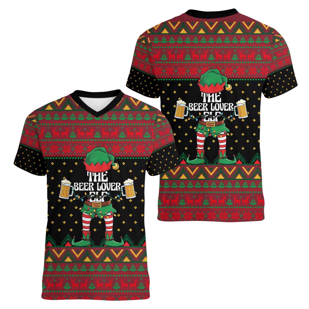 The Beer Lover Elf Christmas Women V-Neck T-Shirt Xmas Holiday Patterns - Wonder Print Shop