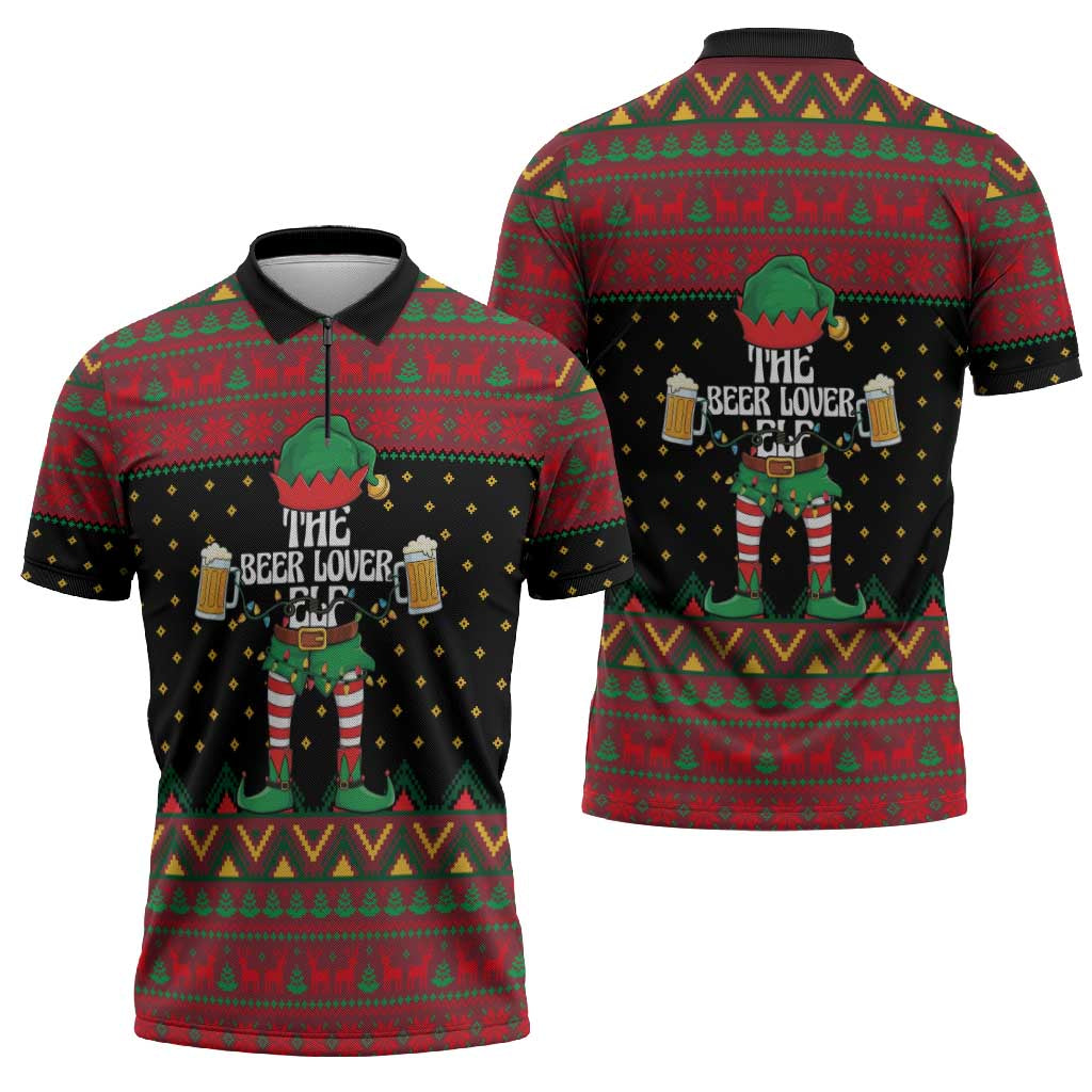 The Beer Lover Elf Christmas Zipper Polo Shirt Xmas Holiday Patterns - Wonder Print Shop