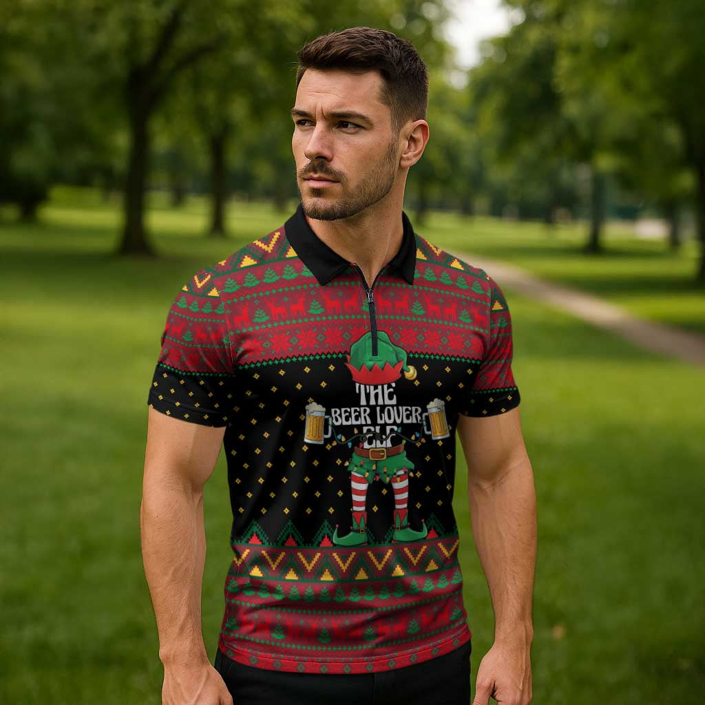 The Beer Lover Elf Christmas Zipper Polo Shirt Xmas Holiday Patterns - Wonder Print Shop