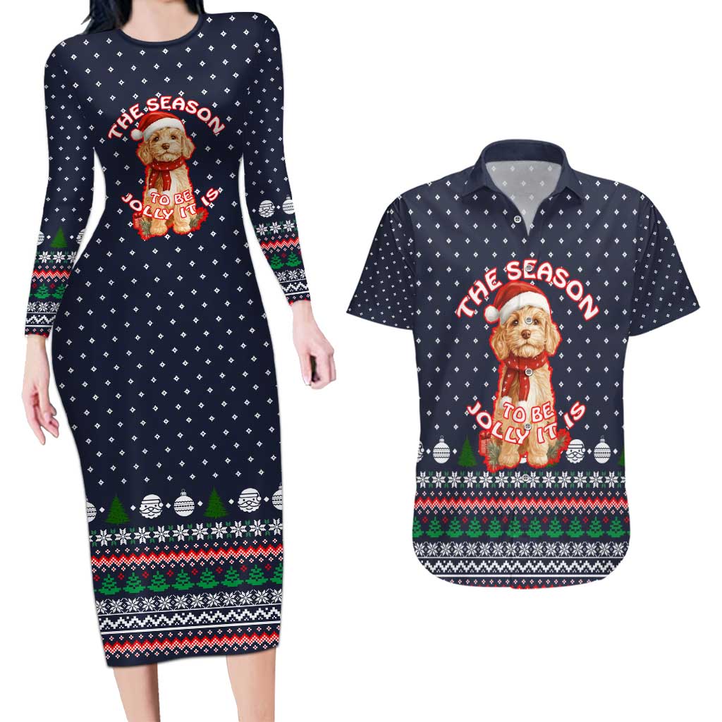 The Season To Be Jolly Goldendoodle Christmas Couples Matching Long Sleeve Bodycon Dress and Hawaiian Shirt Xmas Holiday Patterns - Wonder Print Shop