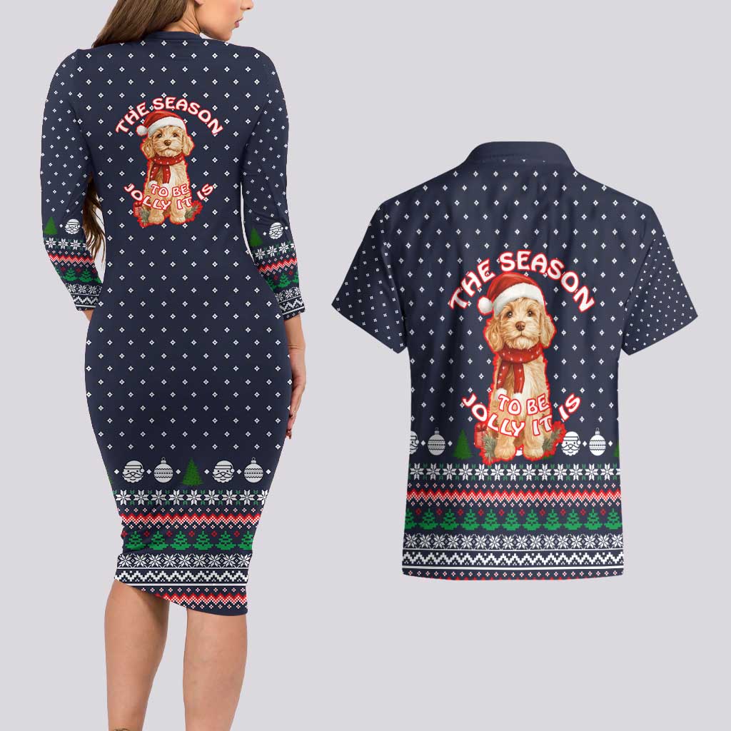 The Season To Be Jolly Goldendoodle Christmas Couples Matching Long Sleeve Bodycon Dress and Hawaiian Shirt Xmas Holiday Patterns - Wonder Print Shop