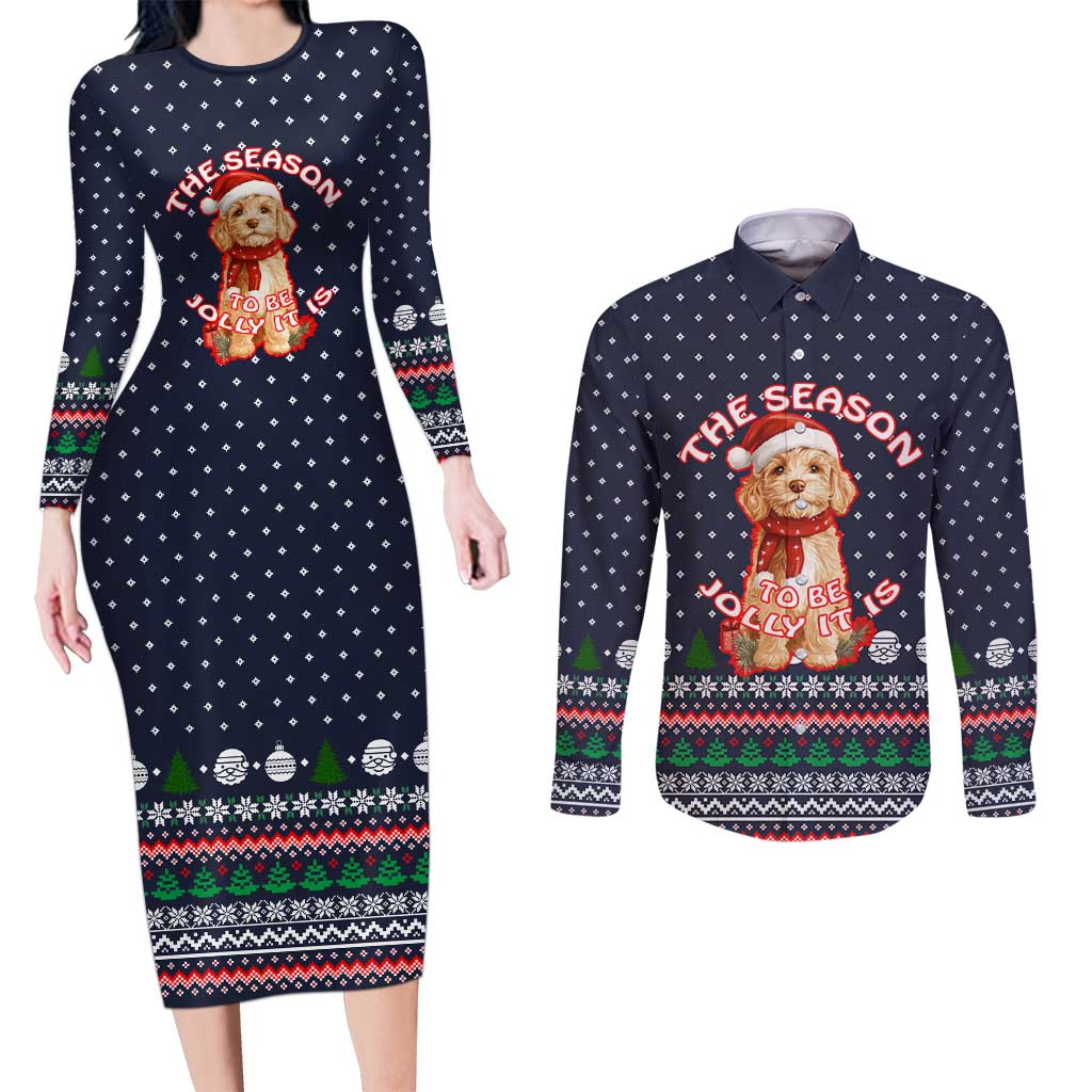 The Season To Be Jolly Goldendoodle Christmas Couples Matching Long Sleeve Bodycon Dress and Long Sleeve Button Shirt Xmas Holiday Patterns - Wonder Print Shop