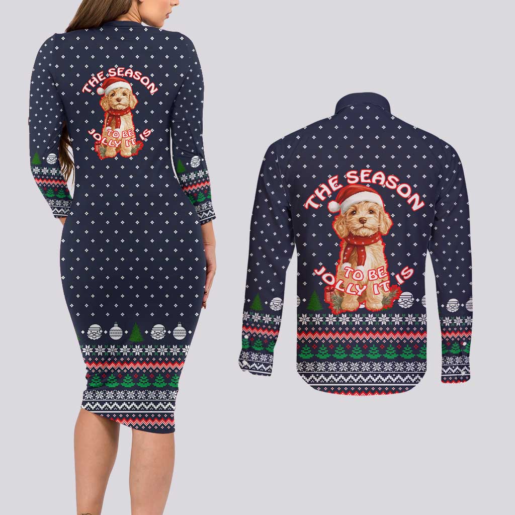 The Season To Be Jolly Goldendoodle Christmas Couples Matching Long Sleeve Bodycon Dress and Long Sleeve Button Shirt Xmas Holiday Patterns - Wonder Print Shop