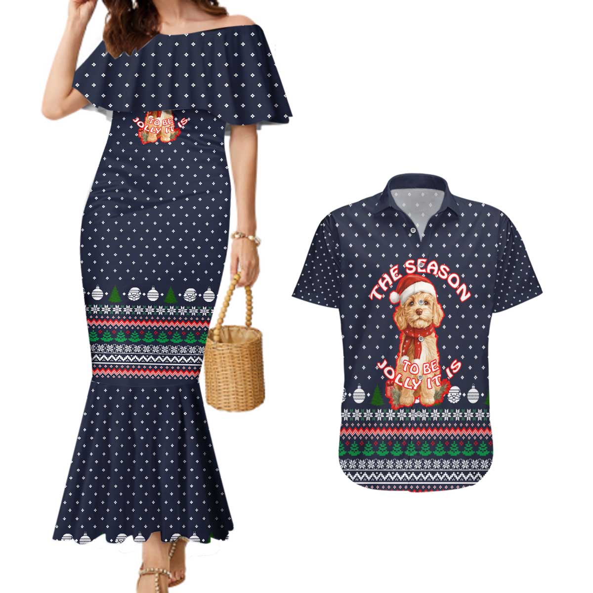 The Season To Be Jolly Goldendoodle Christmas Couples Matching Mermaid Dress and Hawaiian Shirt Xmas Holiday Patterns - Wonder Print Shop