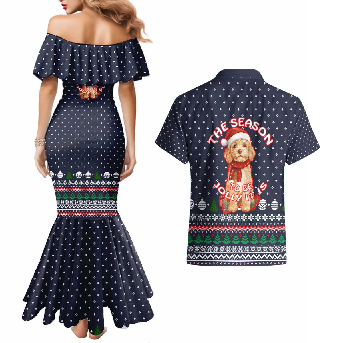 The Season To Be Jolly Goldendoodle Christmas Couples Matching Mermaid Dress and Hawaiian Shirt Xmas Holiday Patterns - Wonder Print Shop