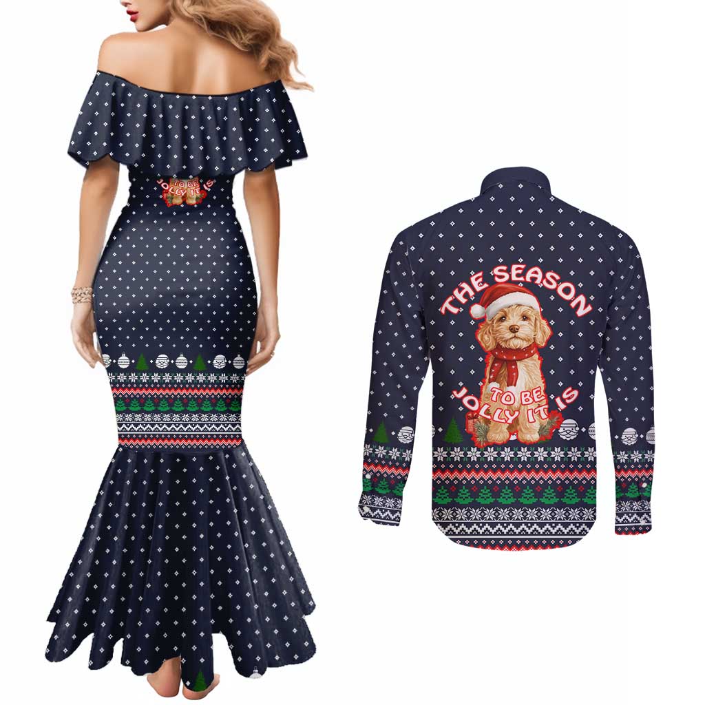The Season To Be Jolly Goldendoodle Christmas Couples Matching Mermaid Dress and Long Sleeve Button Shirt Xmas Holiday Patterns - Wonder Print Shop