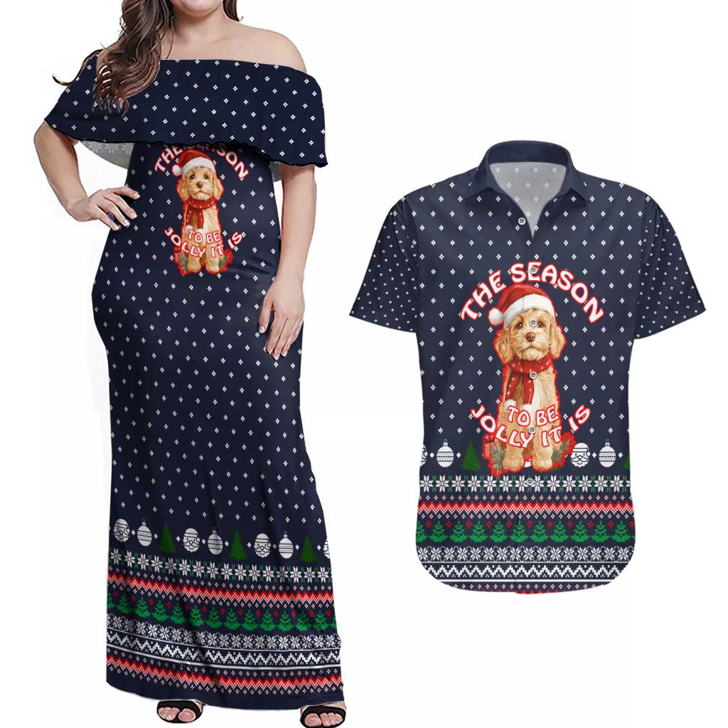The Season To Be Jolly Goldendoodle Christmas Couples Matching Off Shoulder Maxi Dress and Hawaiian Shirt Xmas Holiday Patterns - Wonder Print Shop