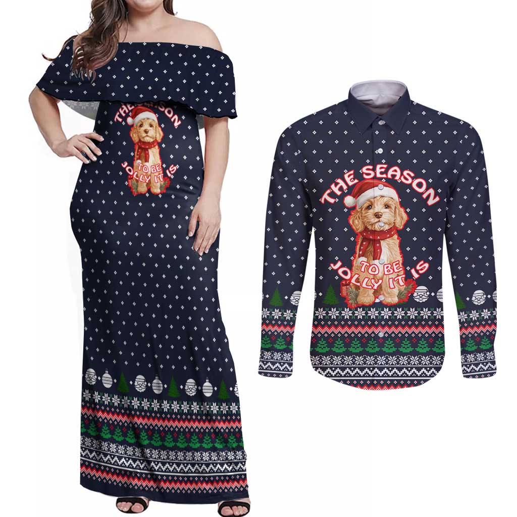 The Season To Be Jolly Goldendoodle Christmas Couples Matching Off Shoulder Maxi Dress and Long Sleeve Button Shirt Xmas Holiday Patterns - Wonder Print Shop