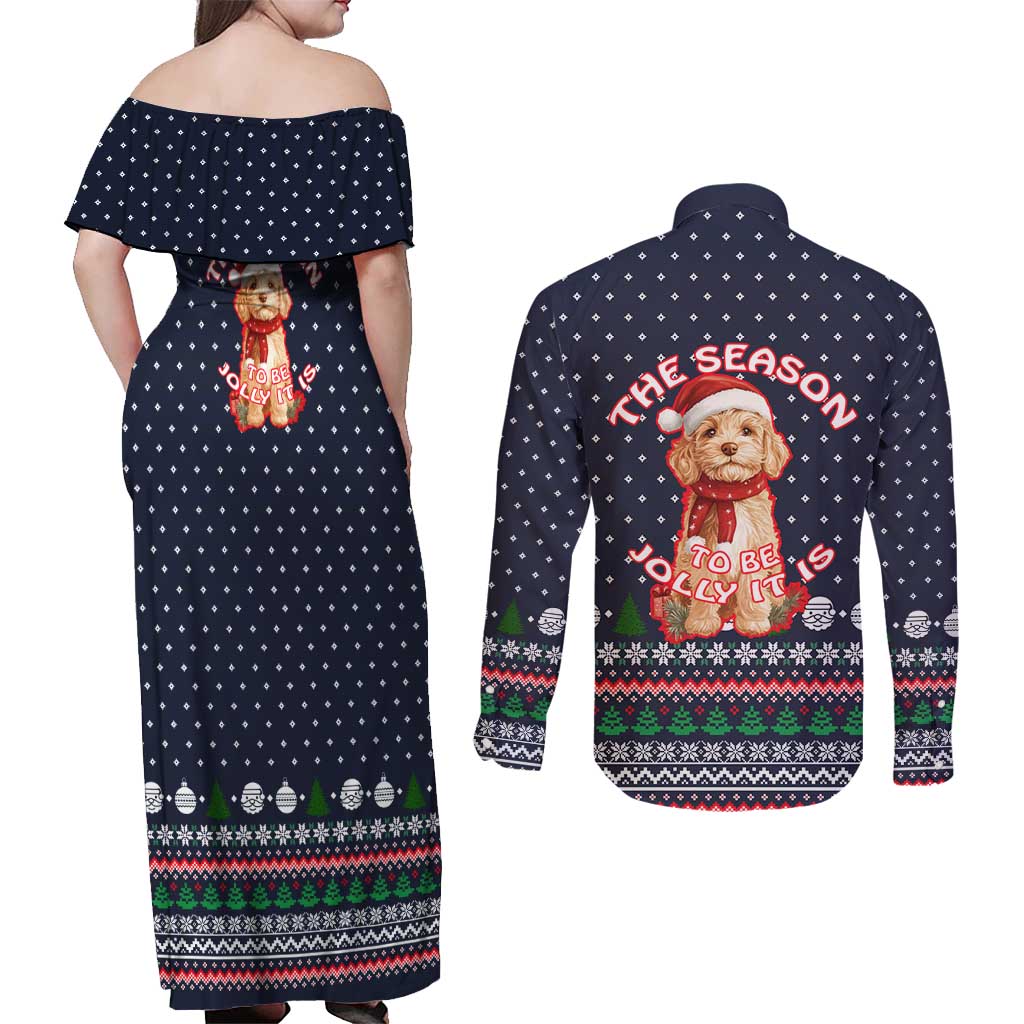 The Season To Be Jolly Goldendoodle Christmas Couples Matching Off Shoulder Maxi Dress and Long Sleeve Button Shirt Xmas Holiday Patterns - Wonder Print Shop
