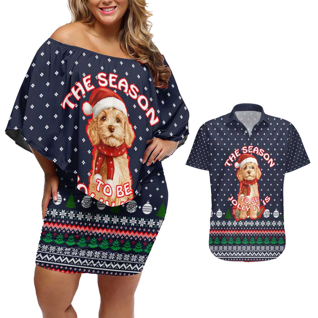 The Season To Be Jolly Goldendoodle Christmas Couples Matching Off Shoulder Short Dress and Hawaiian Shirt Xmas Holiday Patterns - Wonder Print Shop