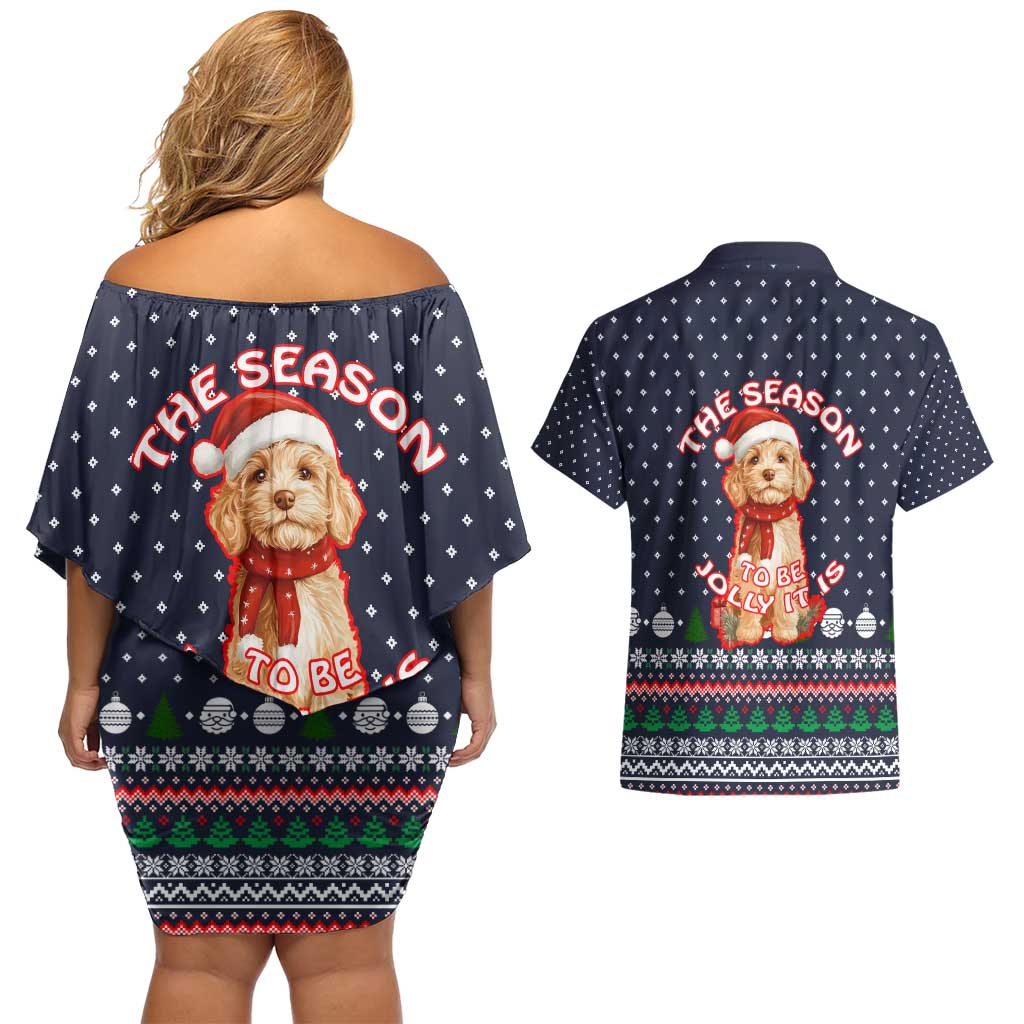 The Season To Be Jolly Goldendoodle Christmas Couples Matching Off Shoulder Short Dress and Hawaiian Shirt Xmas Holiday Patterns - Wonder Print Shop