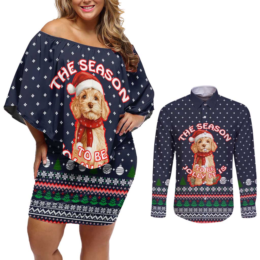 The Season To Be Jolly Goldendoodle Christmas Couples Matching Off Shoulder Short Dress and Long Sleeve Button Shirt Xmas Holiday Patterns - Wonder Print Shop