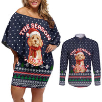 The Season To Be Jolly Goldendoodle Christmas Couples Matching Off Shoulder Short Dress and Long Sleeve Button Shirt Xmas Holiday Patterns - Wonder Print Shop
