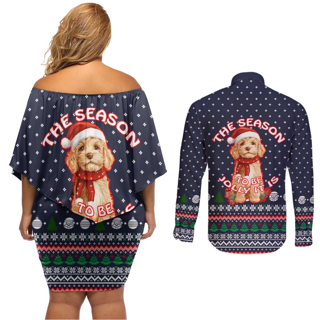 The Season To Be Jolly Goldendoodle Christmas Couples Matching Off Shoulder Short Dress and Long Sleeve Button Shirt Xmas Holiday Patterns - Wonder Print Shop