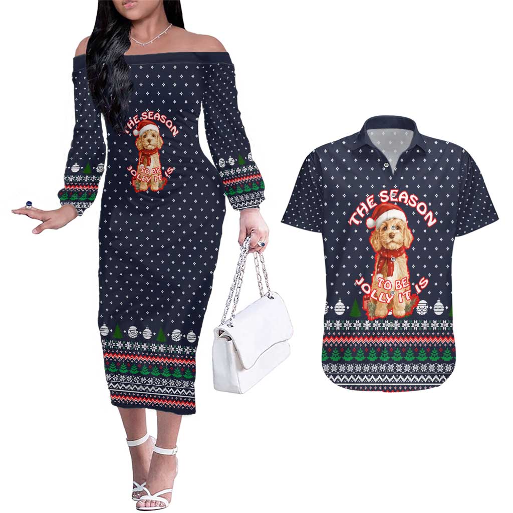 The Season To Be Jolly Goldendoodle Christmas Couples Matching Off The Shoulder Long Sleeve Dress and Hawaiian Shirt Xmas Holiday Patterns - Wonder Print Shop