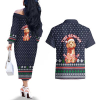 The Season To Be Jolly Goldendoodle Christmas Couples Matching Off The Shoulder Long Sleeve Dress and Hawaiian Shirt Xmas Holiday Patterns - Wonder Print Shop