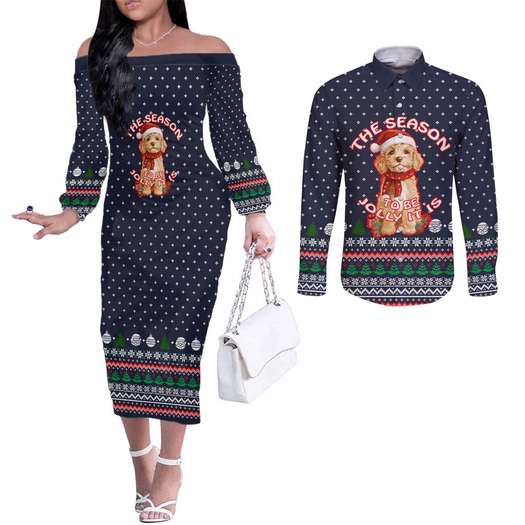 The Season To Be Jolly Goldendoodle Christmas Couples Matching Off The Shoulder Long Sleeve Dress and Long Sleeve Button Shirt Xmas Holiday Patterns - Wonder Print Shop