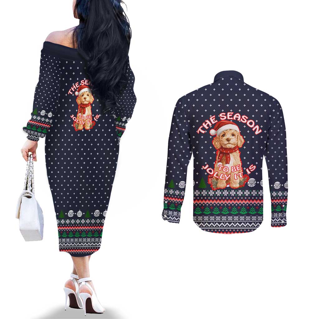 The Season To Be Jolly Goldendoodle Christmas Couples Matching Off The Shoulder Long Sleeve Dress and Long Sleeve Button Shirt Xmas Holiday Patterns - Wonder Print Shop