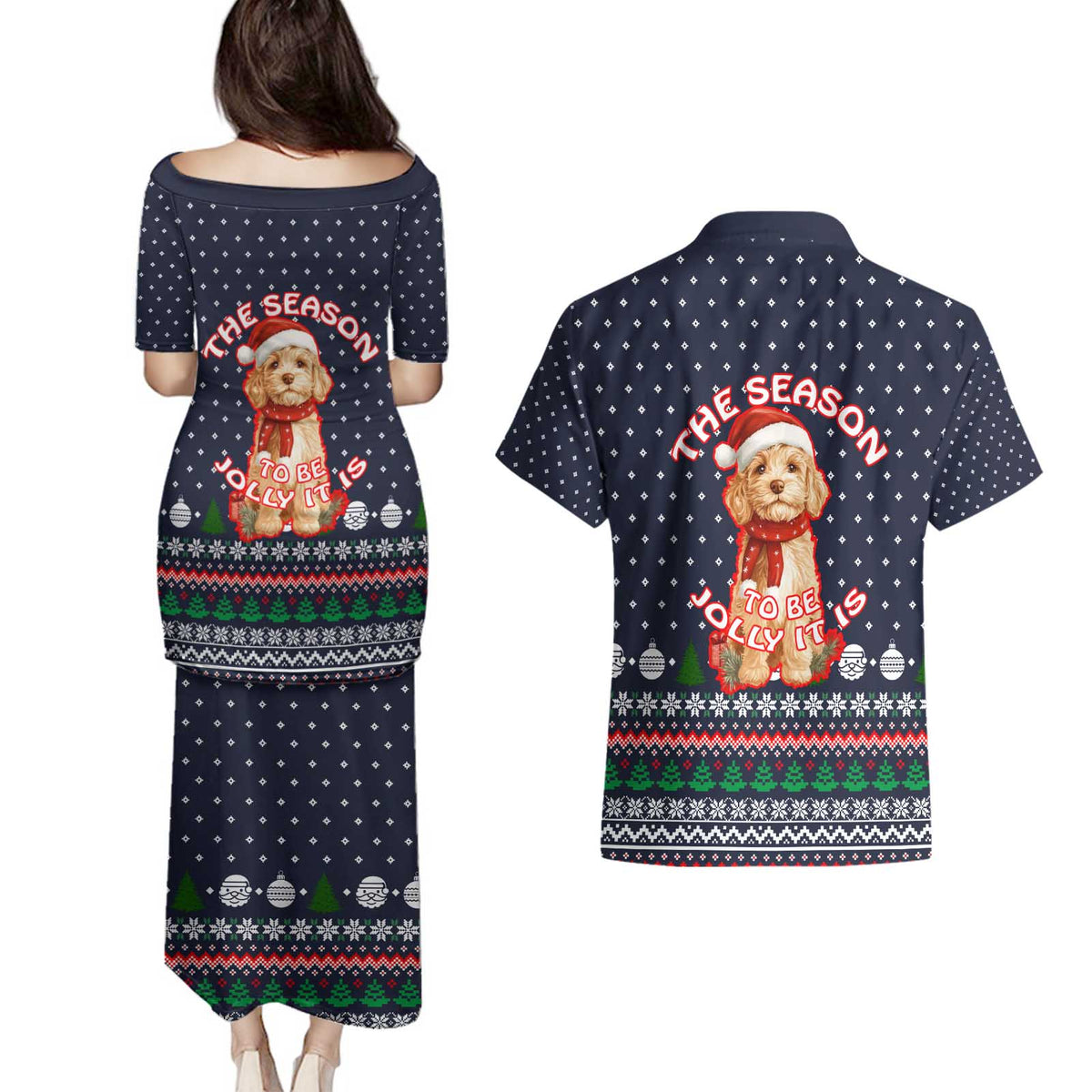 The Season To Be Jolly Goldendoodle Christmas Couples Matching Puletasi and Hawaiian Shirt Xmas Holiday Patterns - Wonder Print Shop