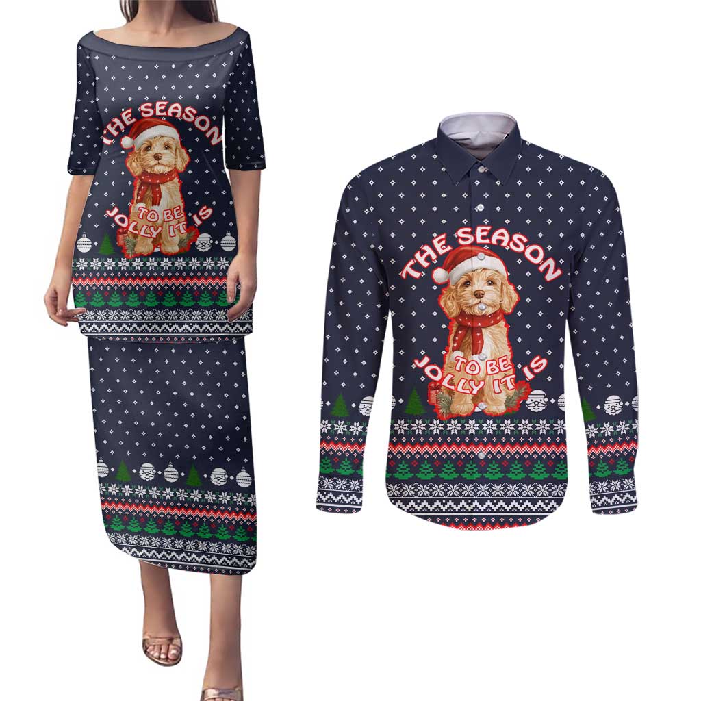 The Season To Be Jolly Goldendoodle Christmas Couples Matching Puletasi and Long Sleeve Button Shirt Xmas Holiday Patterns - Wonder Print Shop