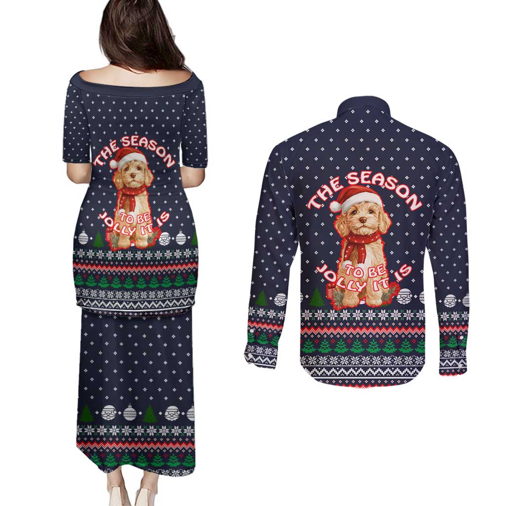 The Season To Be Jolly Goldendoodle Christmas Couples Matching Puletasi and Long Sleeve Button Shirt Xmas Holiday Patterns - Wonder Print Shop