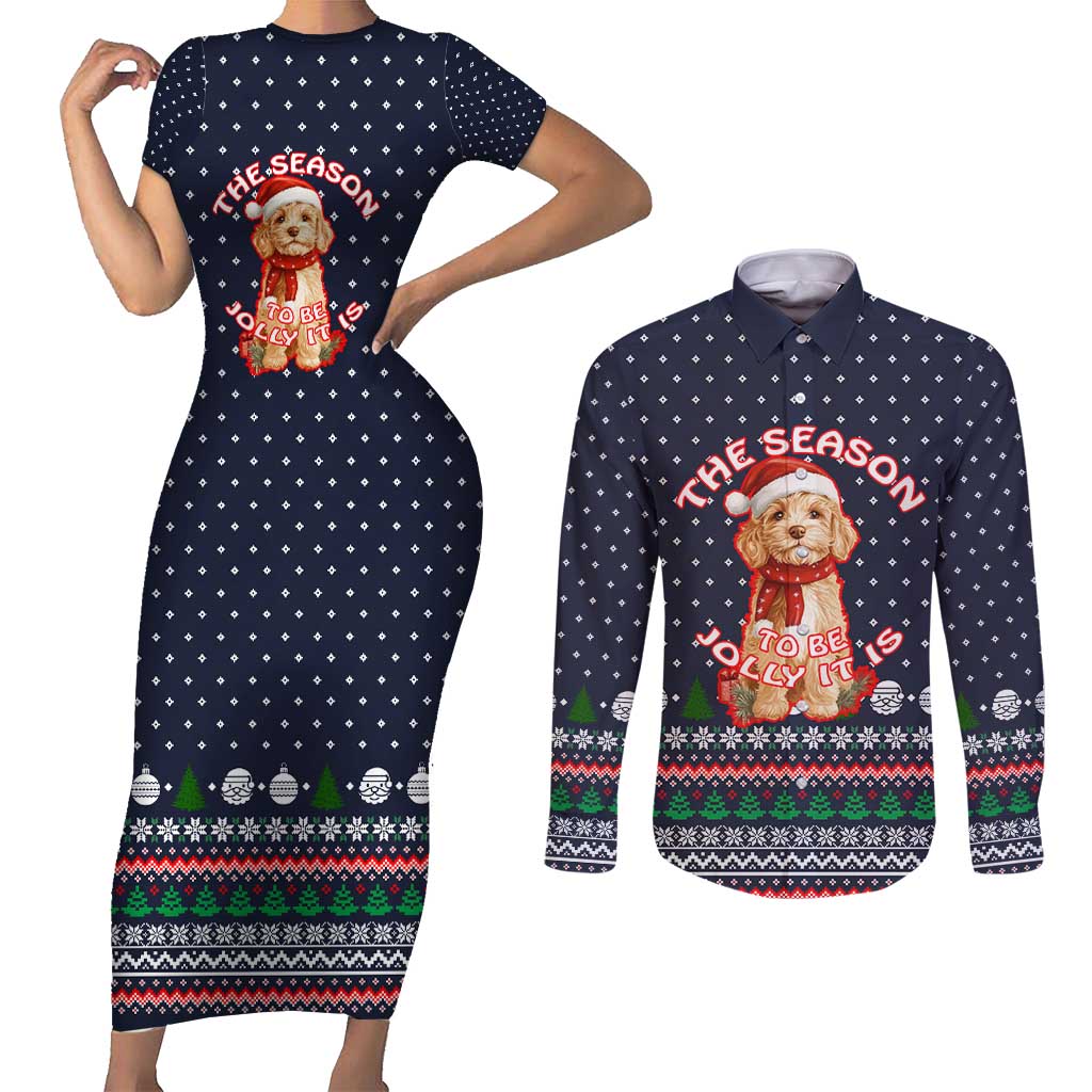 The Season To Be Jolly Goldendoodle Christmas Couples Matching Short Sleeve Bodycon Dress and Long Sleeve Button Shirt Xmas Holiday Patterns - Wonder Print Shop