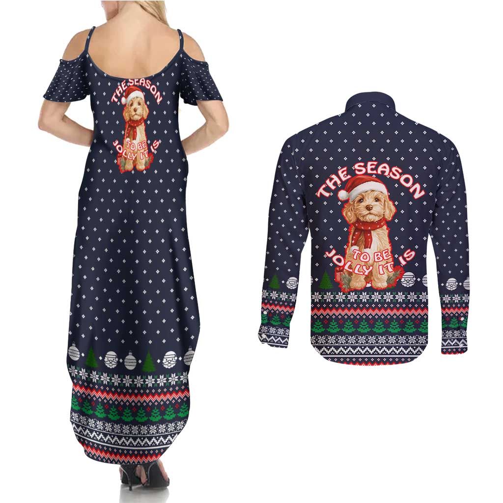 The Season To Be Jolly Goldendoodle Christmas Couples Matching Summer Maxi Dress and Long Sleeve Button Shirt Xmas Holiday Patterns - Wonder Print Shop