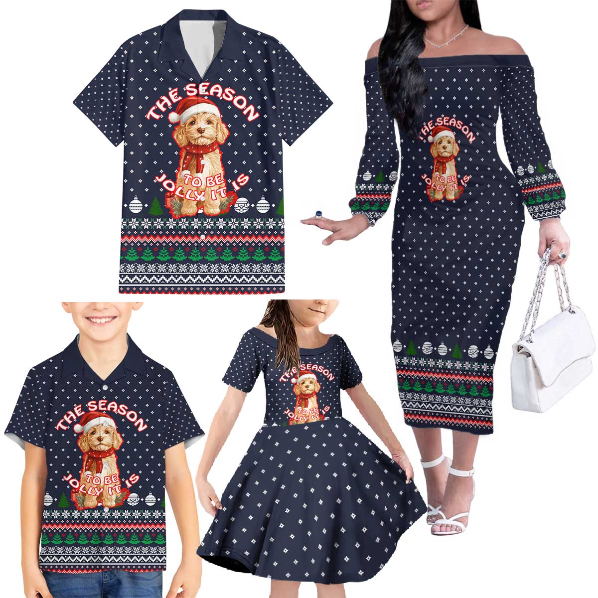 The Season To Be Jolly Goldendoodle Christmas Family Matching Off The Shoulder Long Sleeve Dress and Hawaiian Shirt Xmas Holiday Patterns - Wonder Print Shop