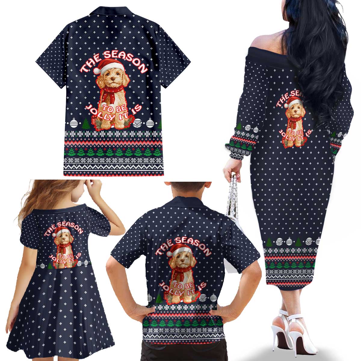 The Season To Be Jolly Goldendoodle Christmas Family Matching Off The Shoulder Long Sleeve Dress and Hawaiian Shirt Xmas Holiday Patterns - Wonder Print Shop