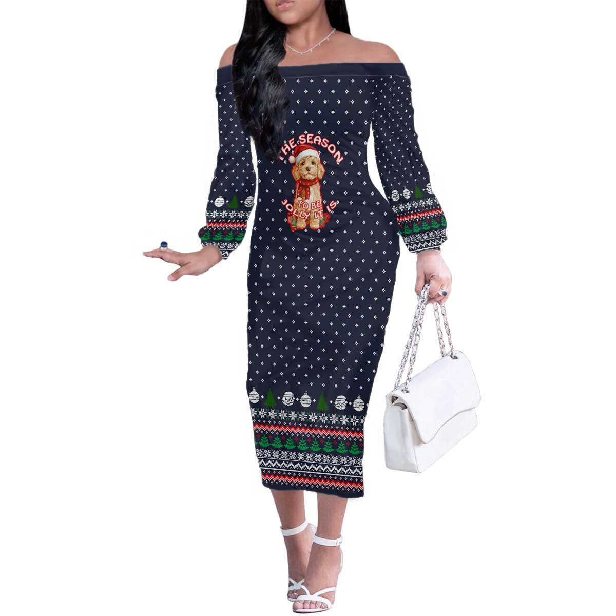 The Season To Be Jolly Goldendoodle Christmas Family Matching Off The Shoulder Long Sleeve Dress and Hawaiian Shirt Xmas Holiday Patterns - Wonder Print Shop