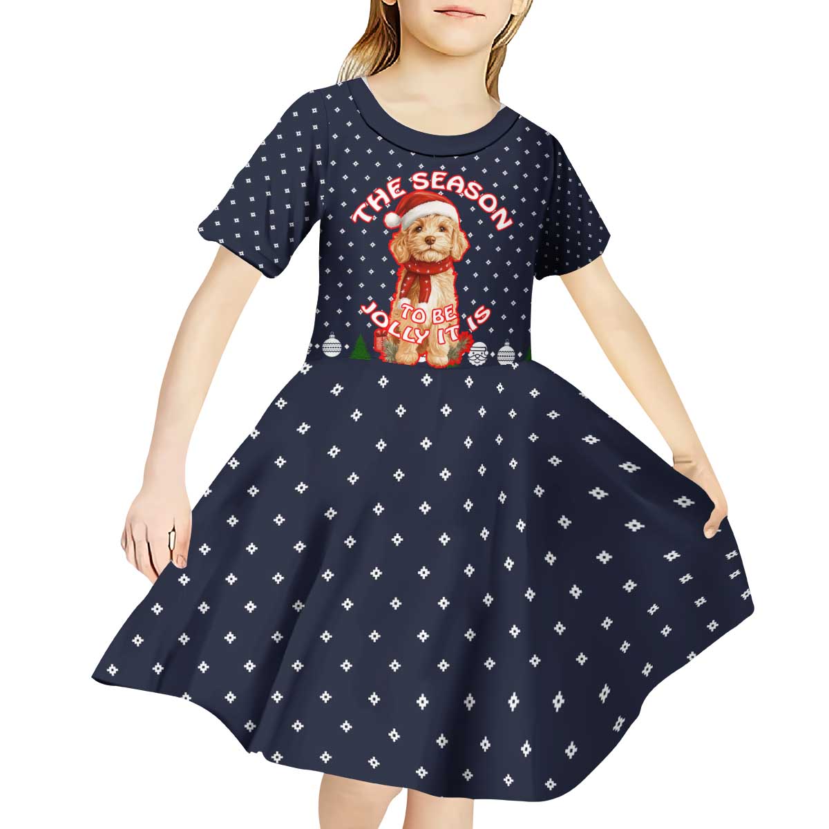 The Season To Be Jolly Goldendoodle Christmas Kid Short Sleeve Dress Xmas Holiday Patterns - Wonder Print Shop