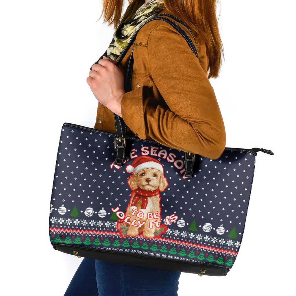 The Season To Be Jolly Goldendoodle Christmas Leather Tote Bag Xmas Holiday Patterns - Wonder Print Shop