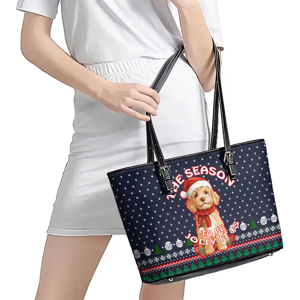 The Season To Be Jolly Goldendoodle Christmas Leather Tote Bag Xmas Holiday Patterns - Wonder Print Shop